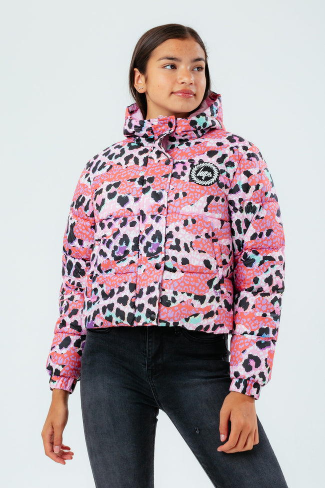 HYPE LEOPARD CAMO GIRLS CROPPED PUFFER JACKET