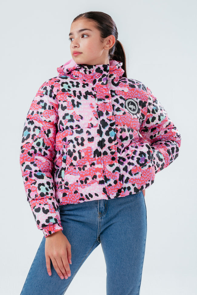 HYPE LEOPARD CAMO GIRLS CROPPED PUFFER JACKET