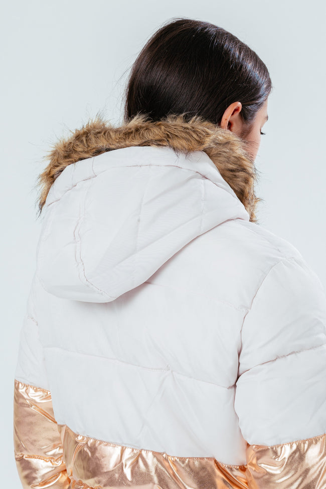 HYPE LONGLINE METALLIC PANEL GIRLS PUFFER JACKET WITH FUR HOOD