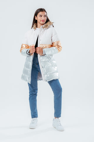 HYPE LONGLINE METALLIC PANEL GIRLS PUFFER JACKET WITH FUR HOOD