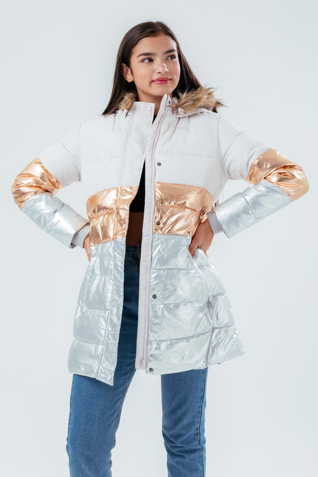 HYPE LONGLINE METALLIC PANEL GIRLS PUFFER JACKET WITH FUR HOOD