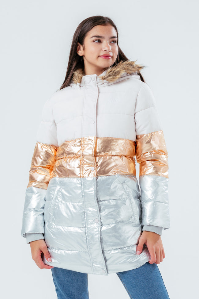 HYPE LONGLINE METALLIC PANEL GIRLS PUFFER JACKET WITH FUR HOOD