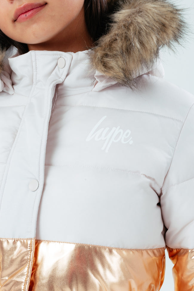 HYPE LONGLINE METALLIC PANEL GIRLS PUFFER JACKET WITH FUR HOOD