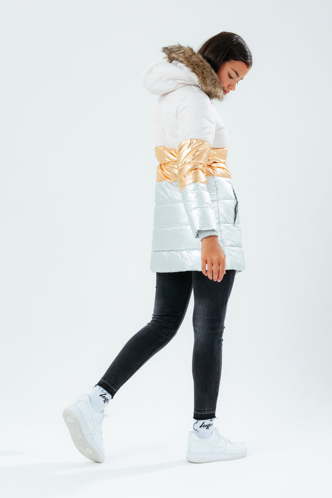 HYPE LONGLINE METALLIC PANEL GIRLS PUFFER JACKET WITH FUR HOOD