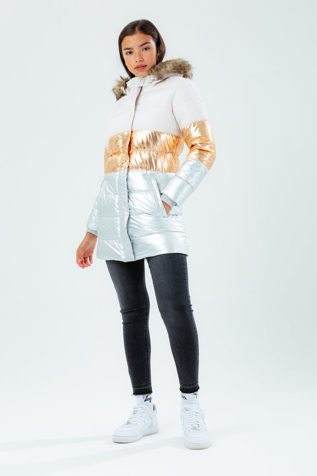 HYPE LONGLINE METALLIC PANEL GIRLS PUFFER JACKET WITH FUR HOOD