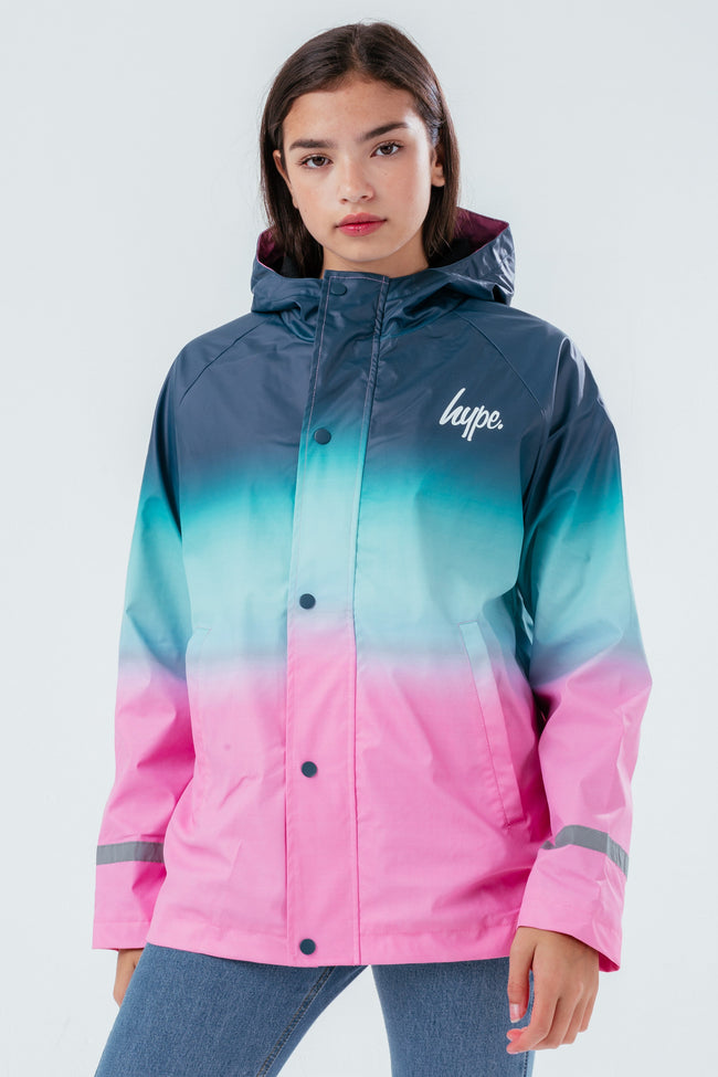 HYPE TEAL TO PINK FADE GIRLS RAIN COAT