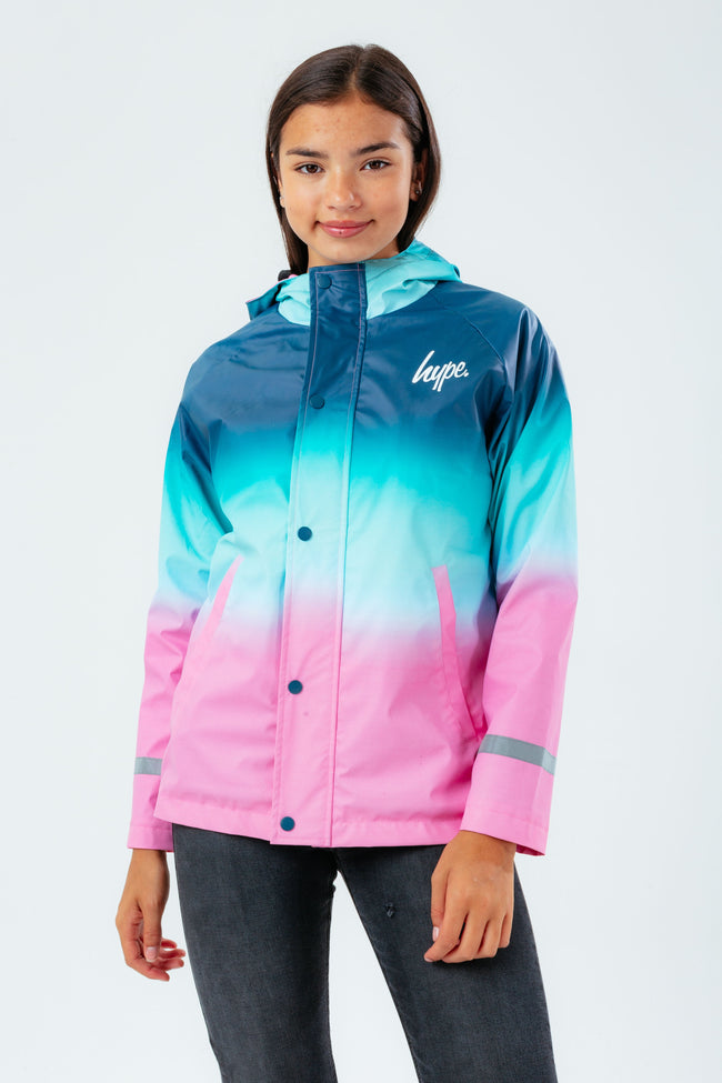 HYPE TEAL TO PINK FADE GIRLS RAIN COAT