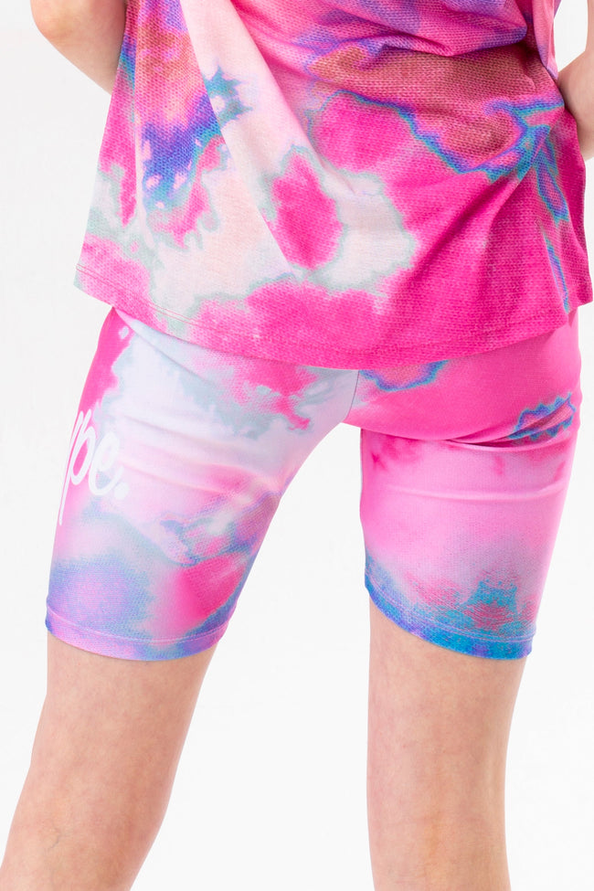 HYPE GIRLS PINK AND BLUE TIE DYE SCRIPT T-SHIRT AND CYCLING SHORT SET