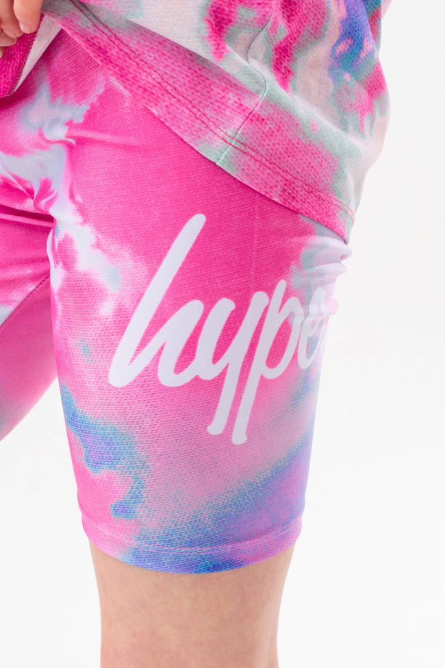 HYPE GIRLS PINK AND BLUE TIE DYE SCRIPT T-SHIRT AND CYCLING SHORT SET