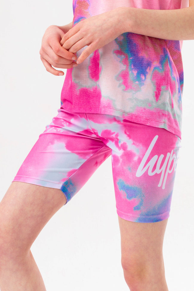 HYPE GIRLS PINK AND BLUE TIE DYE SCRIPT T-SHIRT AND CYCLING SHORT SET