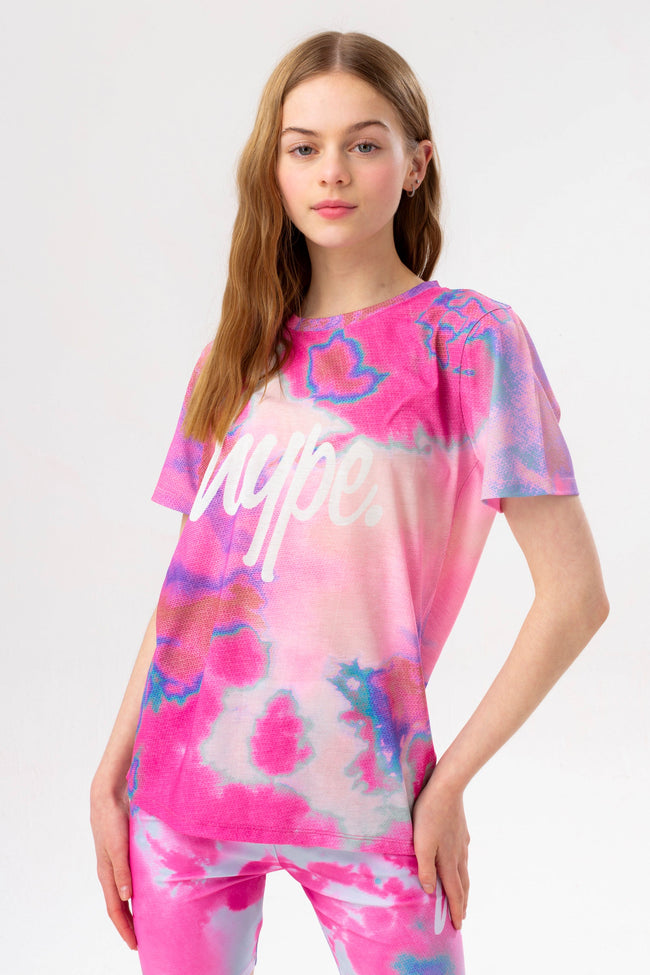 HYPE GIRLS PINK AND BLUE TIE DYE SCRIPT T-SHIRT AND CYCLING SHORT SET