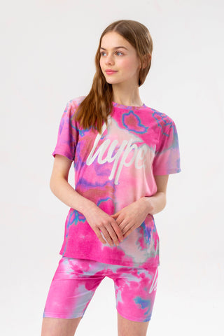 HYPE GIRLS PINK AND BLUE TIE DYE SCRIPT T-SHIRT AND CYCLING SHORT SET