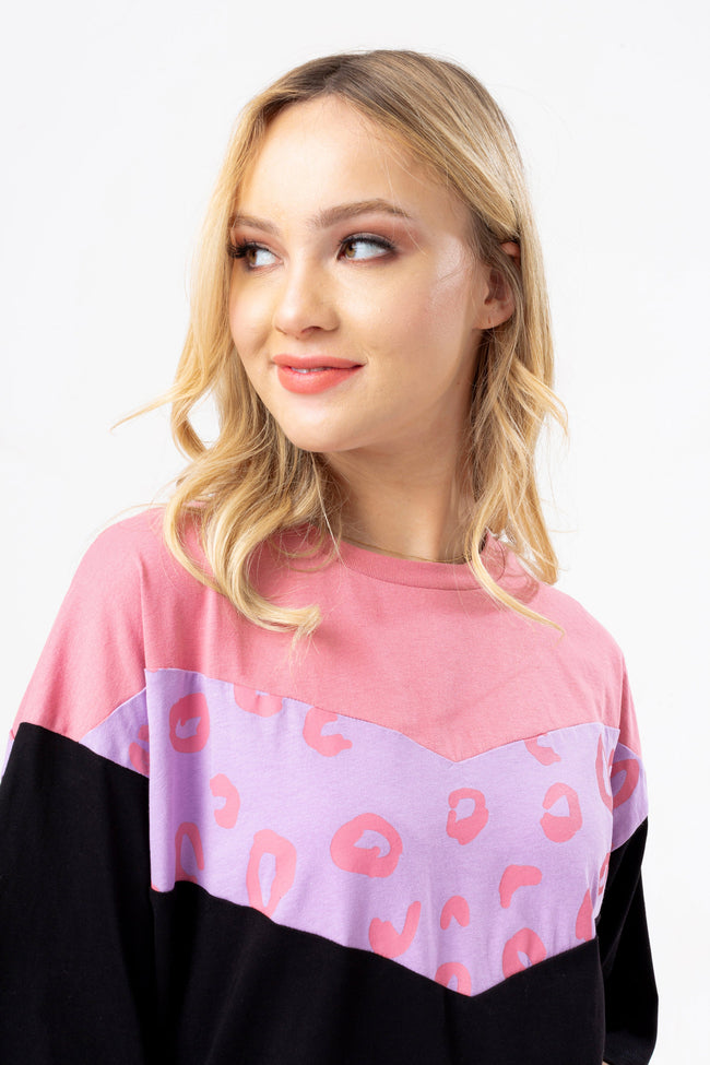 HYPE WOMENS PINK BLACK LEOPARD PANEL BOXY T-SHIRT