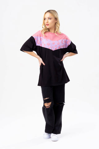 HYPE WOMENS PINK BLACK LEOPARD PANEL BOXY T-SHIRT