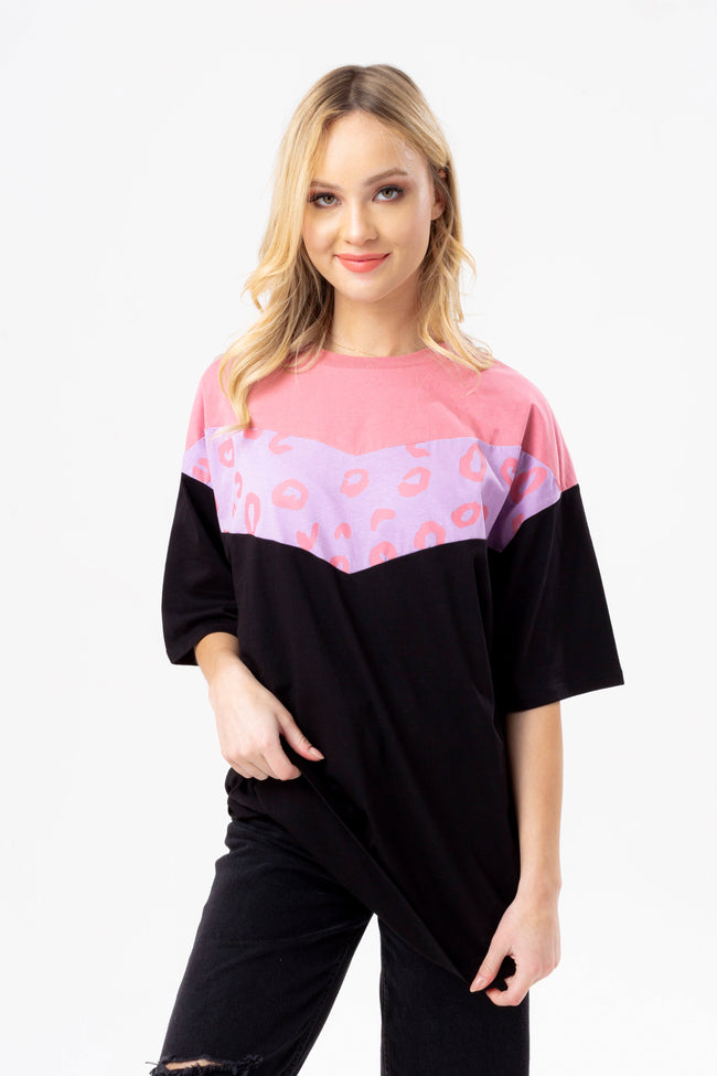 HYPE WOMENS PINK BLACK LEOPARD PANEL BOXY T-SHIRT