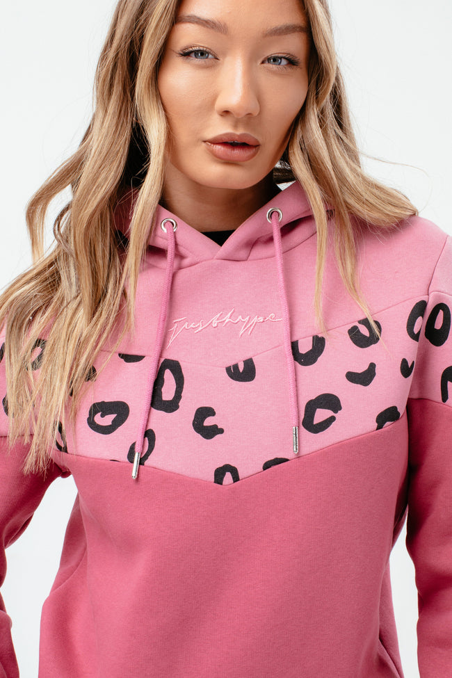 HYPE WOMENS PINK LEOPARD PANEL LONGLINE HOODIE