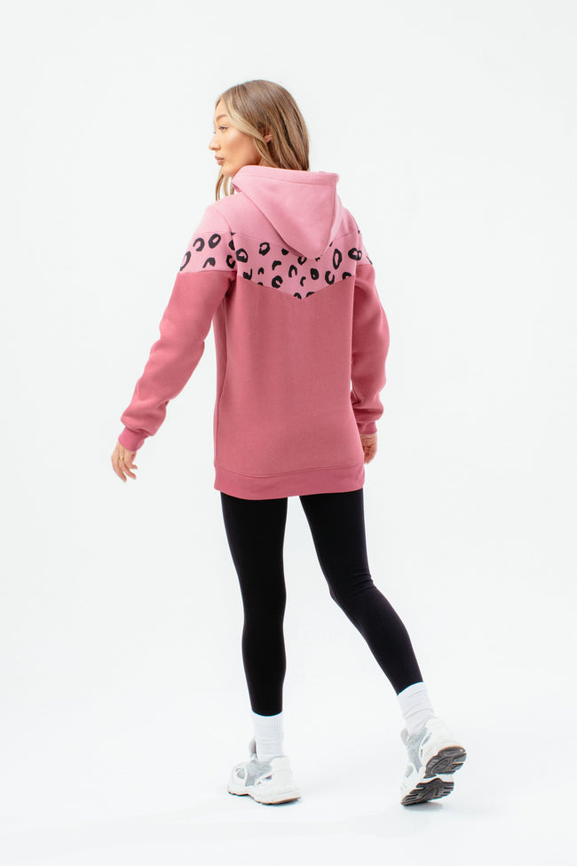 HYPE WOMENS PINK LEOPARD PANEL LONGLINE HOODIE