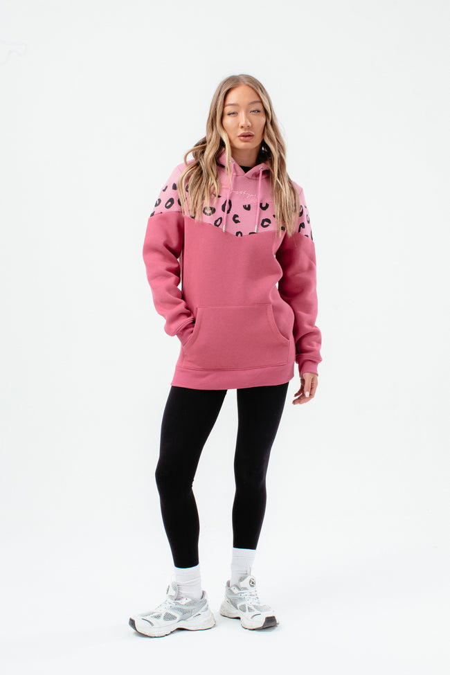 HYPE WOMENS PINK LEOPARD PANEL LONGLINE HOODIE