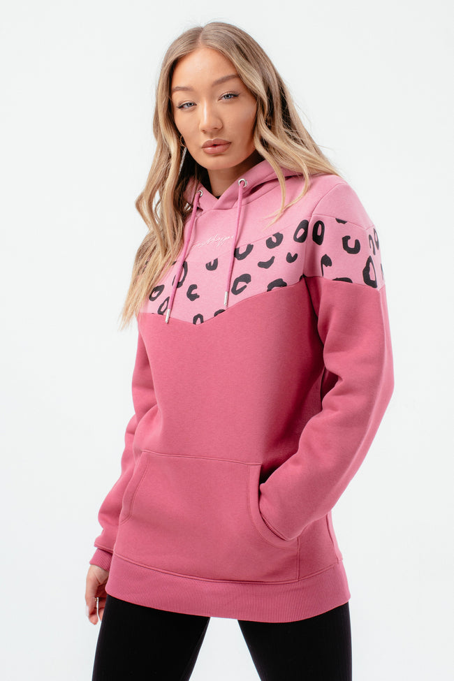 HYPE WOMENS PINK LEOPARD PANEL LONGLINE HOODIE