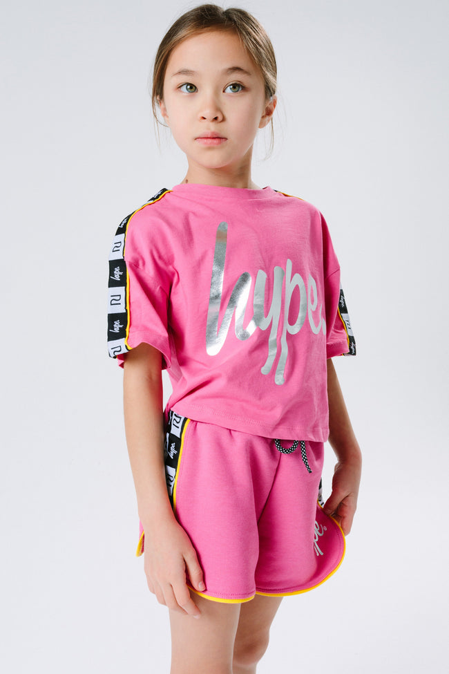 HYPE X RIVER ISLAND BRIGHT PINK TAPED SCRIPT KIDS T-SHIRT