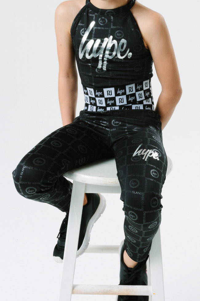 HYPE X RIVER ISLAND BLACK EMBOSSED REPEAT LOGO GIRLS LEGGINGS