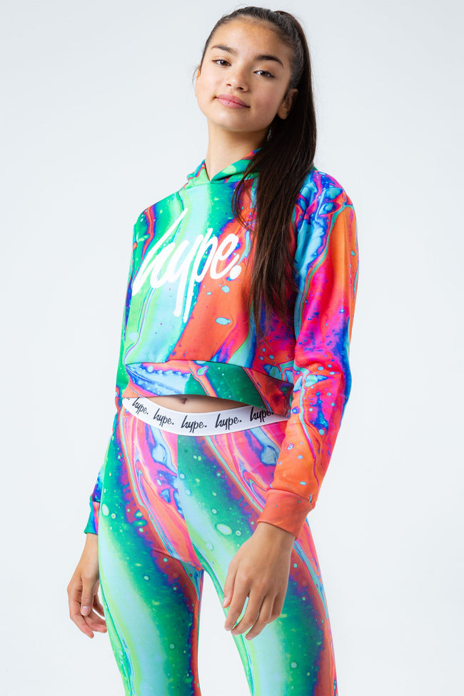 HYPE CORAL MARBLE GIRLS CROP PULLOVER HOODIE