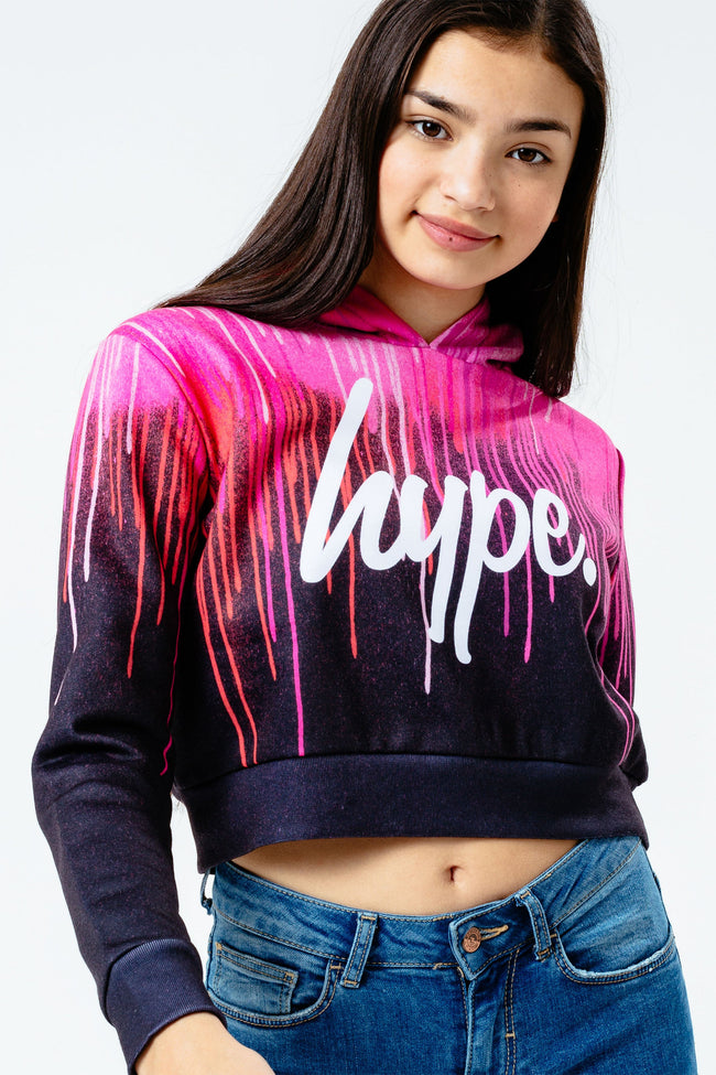 HYPE PINK DRIPS GIRLS CROP PULLOVER HOODIE