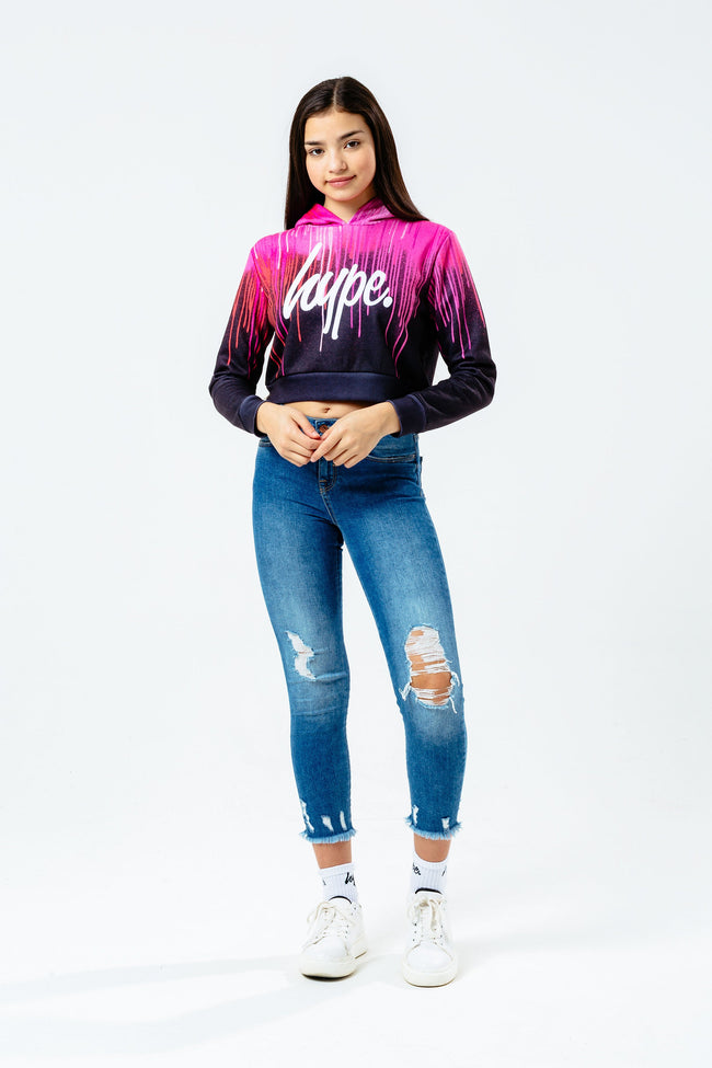 HYPE PINK DRIPS GIRLS CROP PULLOVER HOODIE