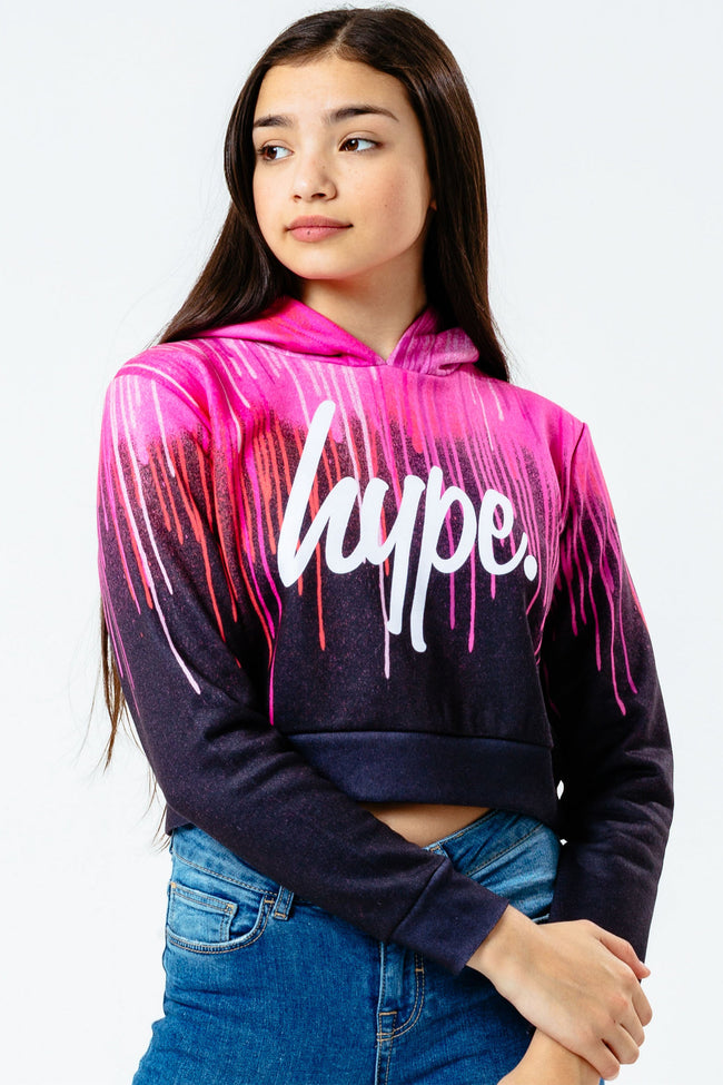 HYPE PINK DRIPS GIRLS CROP PULLOVER HOODIE