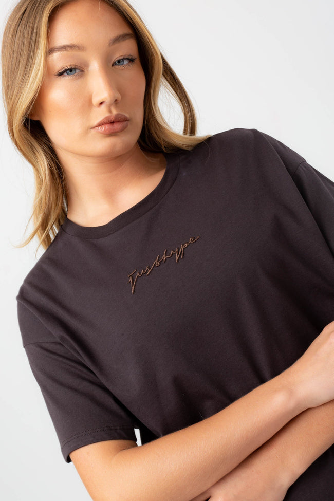 HYPE WOMENS CHARCOAL SCRIBBLE EMBROIDERY BOXY T-SHIRT