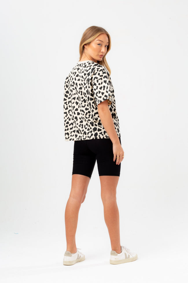 HYPE WOMENS CREAM LEOPARD WOVEN TAB SCRIBBLE BOXY T-SHIRT