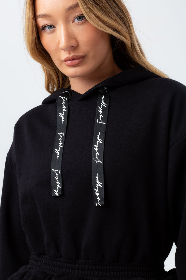 HYPE WOMENS BLACK GATHERED HEM JUSTHYPE DRAWCORD HOODIE