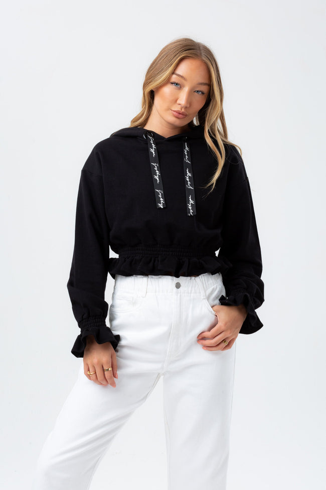 HYPE WOMENS BLACK GATHERED HEM JUSTHYPE DRAWCORD HOODIE