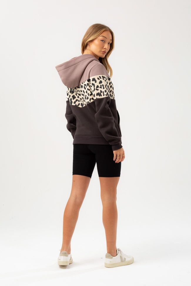 HYPE WOMENS GANACHE CHEETAH CHEVRON PANEL JUSTHYPE DRAWCORD HOODIE