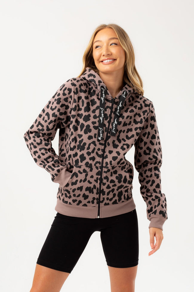 HYPE WOMENS GREY CHEETAH JUSTHYPE DRAWCORD ZIP HOODIE