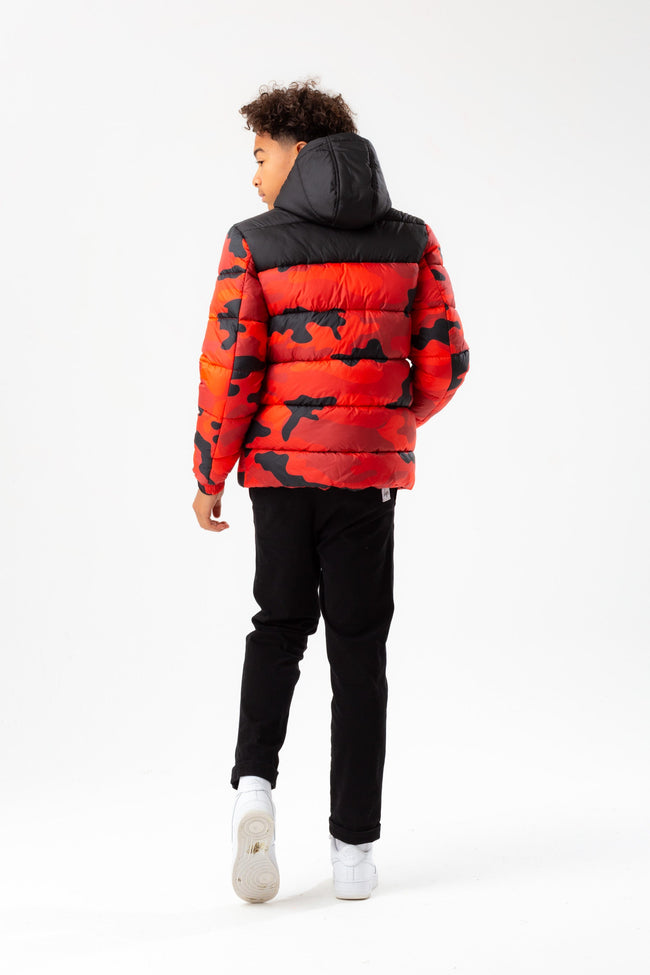 HYPE BOYS BLACK RED CAMO SHORTS PADDED PANEL EMBROIDERED CREST JACKET