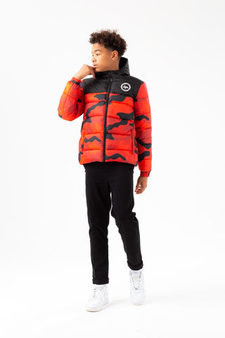 HYPE BOYS BLACK RED CAMO SHORTS PADDED PANEL EMBROIDERED CREST JACKET