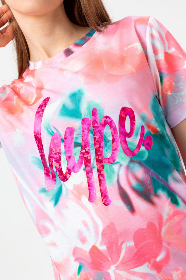 HYPE GIRLS PINK FROSTY FLOWER FOIL SCRIPT T-SHIRT