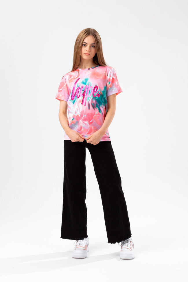 HYPE GIRLS PINK FROSTY FLOWER FOIL SCRIPT T-SHIRT