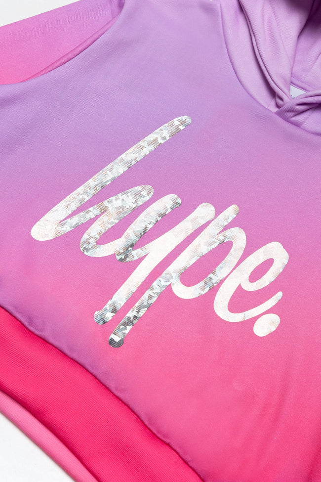 HYPE GIRLS PINK FADE HOLOGRAPHIC SCRIPT CROPPED HOODIE