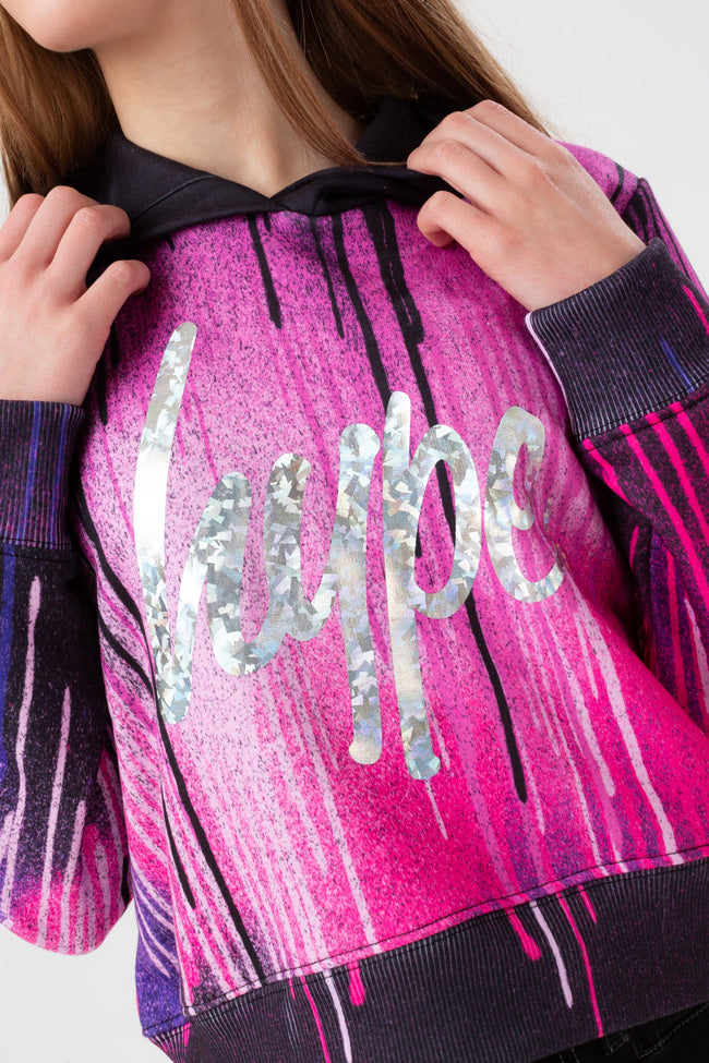 HYPE GIRLS DARK PINK DRIPS SILVER FOIL SCRIPT CROPPED HOODIE