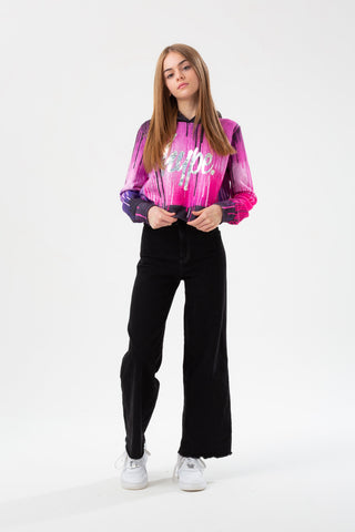 HYPE GIRLS DARK PINK DRIPS SILVER FOIL SCRIPT CROPPED HOODIE