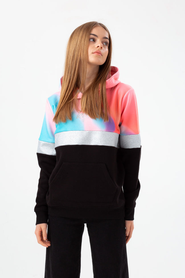 HYPE GIRLS BLACK PASTEL WAVE PANEL SCRIPT HOODIE