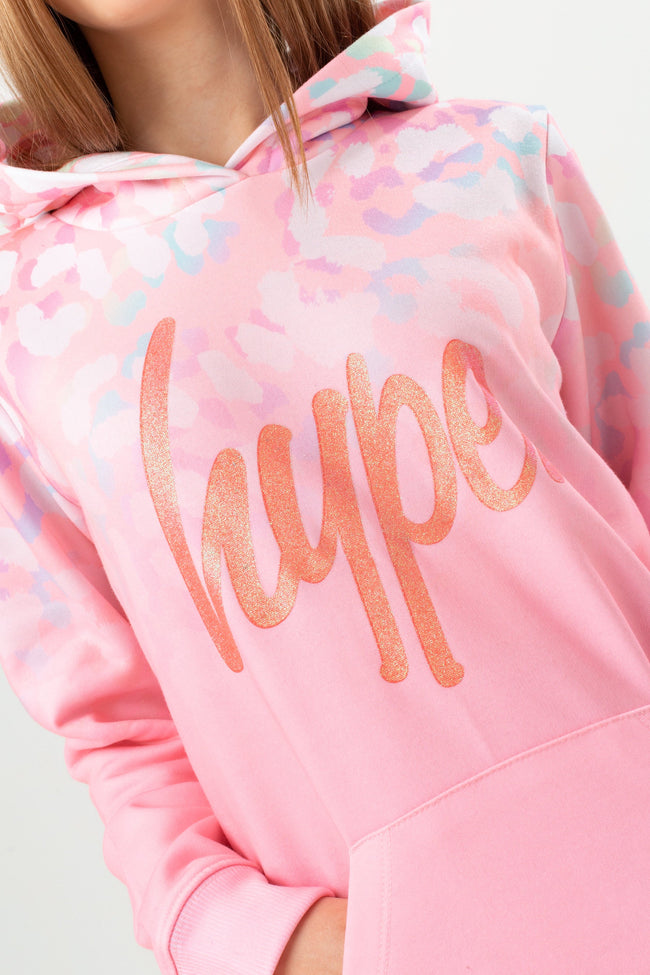 HYPE GIRLS PINK FADE RAINBOW LEOPARD GLITTER SCRIPT HOODIE