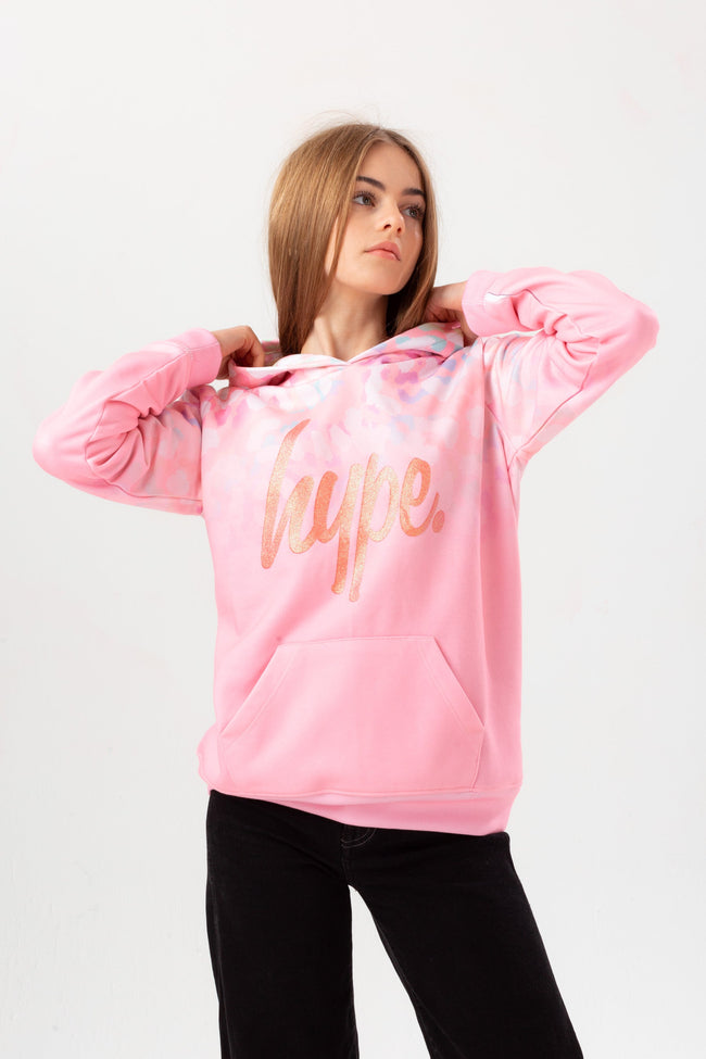 HYPE GIRLS PINK FADE RAINBOW LEOPARD GLITTER SCRIPT HOODIE