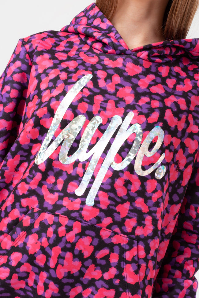 HYPE GIRLS PURPLE NEON CHEETAH FOIL SCRIPT HOODIE