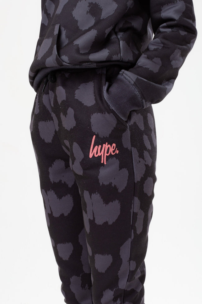 HYPE GIRLS BLACK CHEETAH PINK FOIL SCRIPT JOGGERS