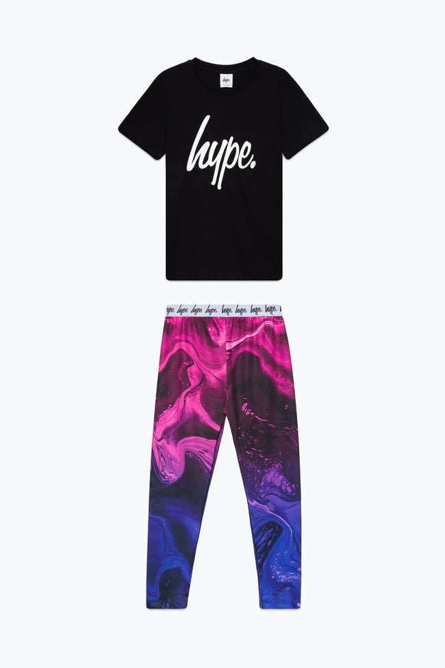 HYPE GIRLS BLACK PINK MARBLE SCRIPT T-SHIRT AND LEGGINGS SET