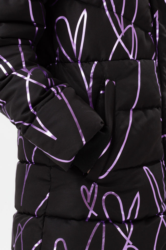 HYPE GIRLS BLACK SKETCH HEART HOLOGRAPHIC PARKA SCRIPT JACKET