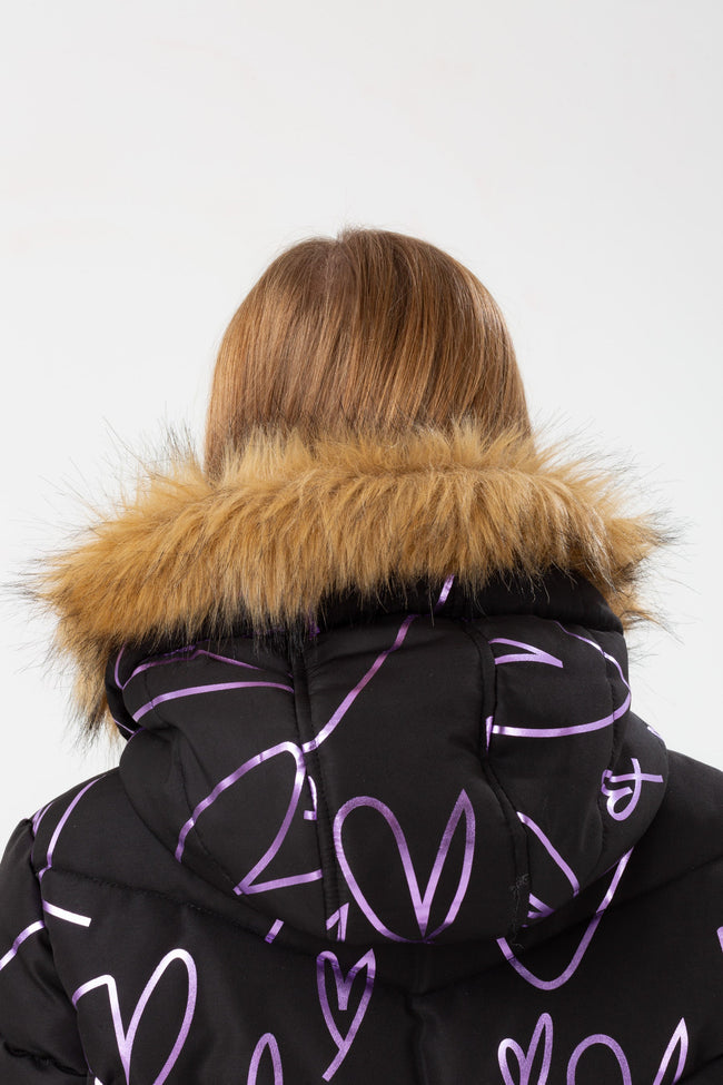 HYPE GIRLS BLACK SKETCH HEART HOLOGRAPHIC PARKA SCRIPT JACKET